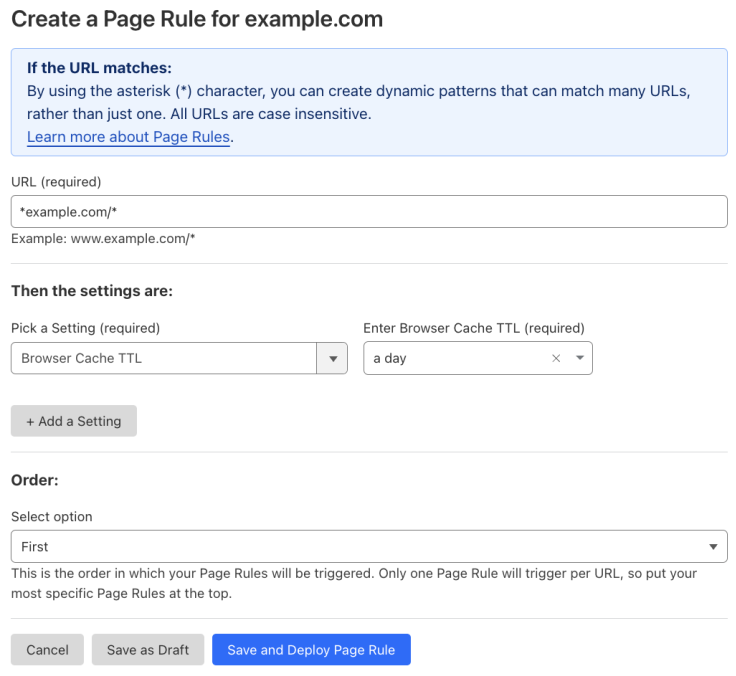 Example Page Rule with ‘Browser Cache TTL’ setting